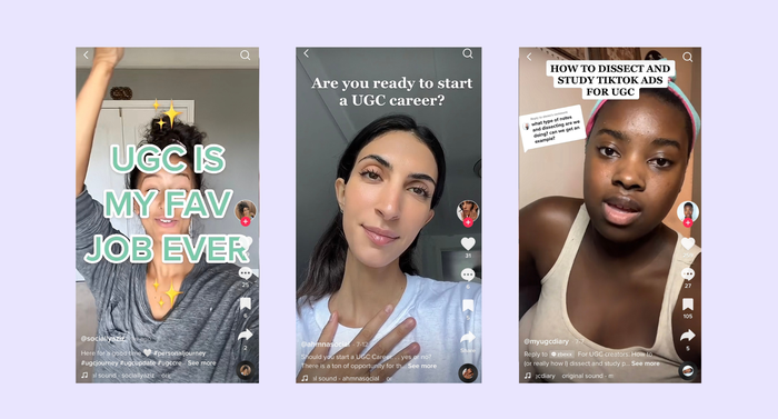 Three TikTok creators share videos about starting in a UGC (User-Generated Content) career.